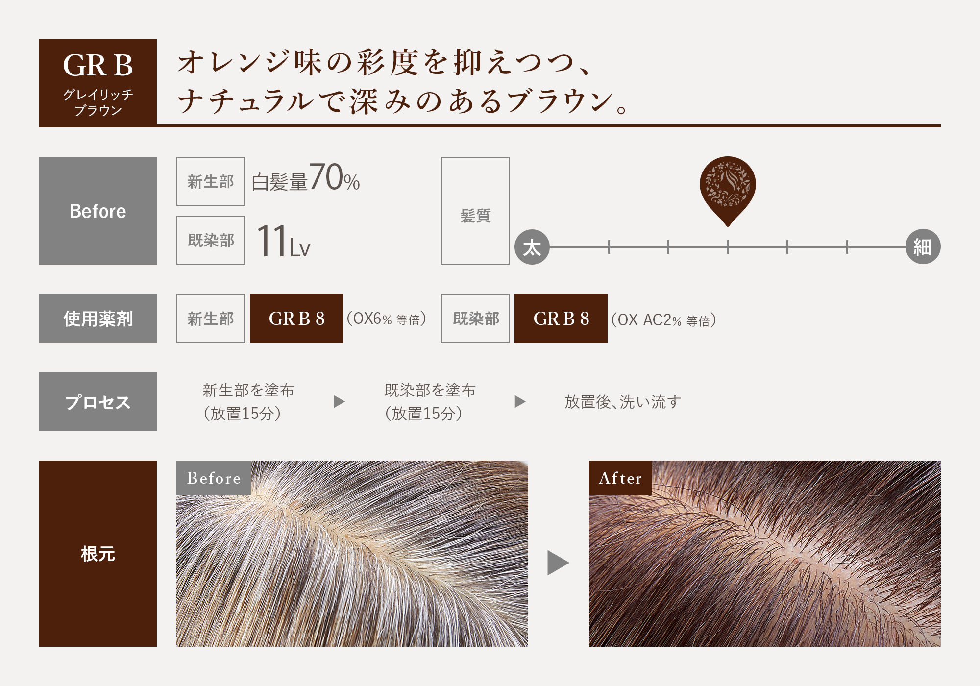 GRB グレイリッチブラウン オレンジ味の彩度を抑えつつ、ナチュラルで深みのあるブラウン。