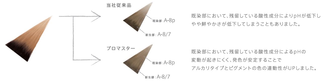 シナジーポイントの強化により、pHのブレが少なくなり、既染部での発色が安定し、色の連動性が向上しました。